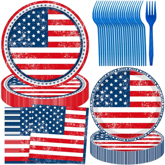 JESTAR 96-Piece Patriotic 4th of July Disposable Tableware Set - Star-Spangled Plates, Forks & Napkins for Independence Day BBQ, Pool Parties & Festive Celebrations