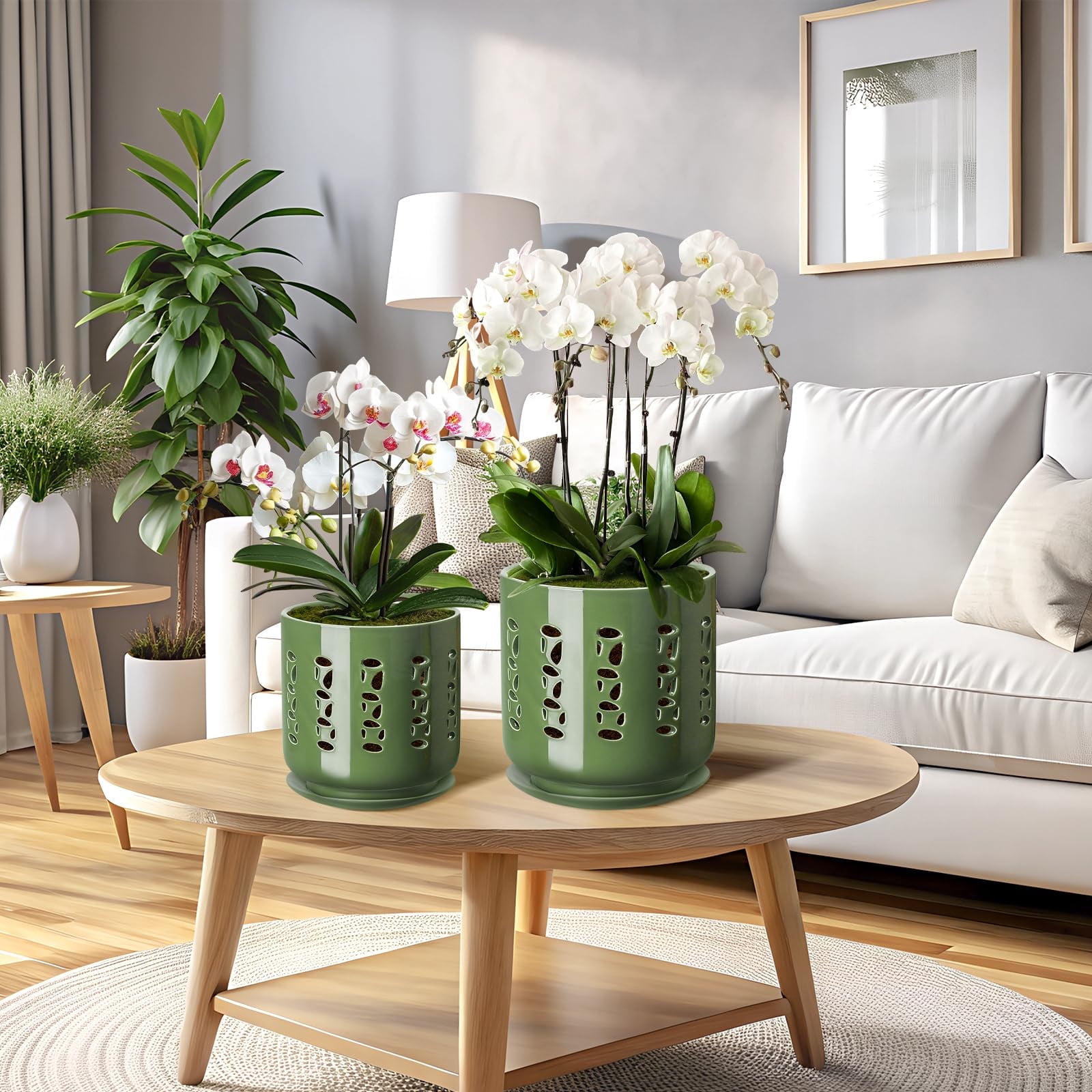 Orchid Pots with Holes, 5+6 Inch Ceramic Orchid Pot, Enhance Good Ventilation and Drainage, Flower Pots for Indoor/Outdoor Plants 2 Pack - Forest Green
