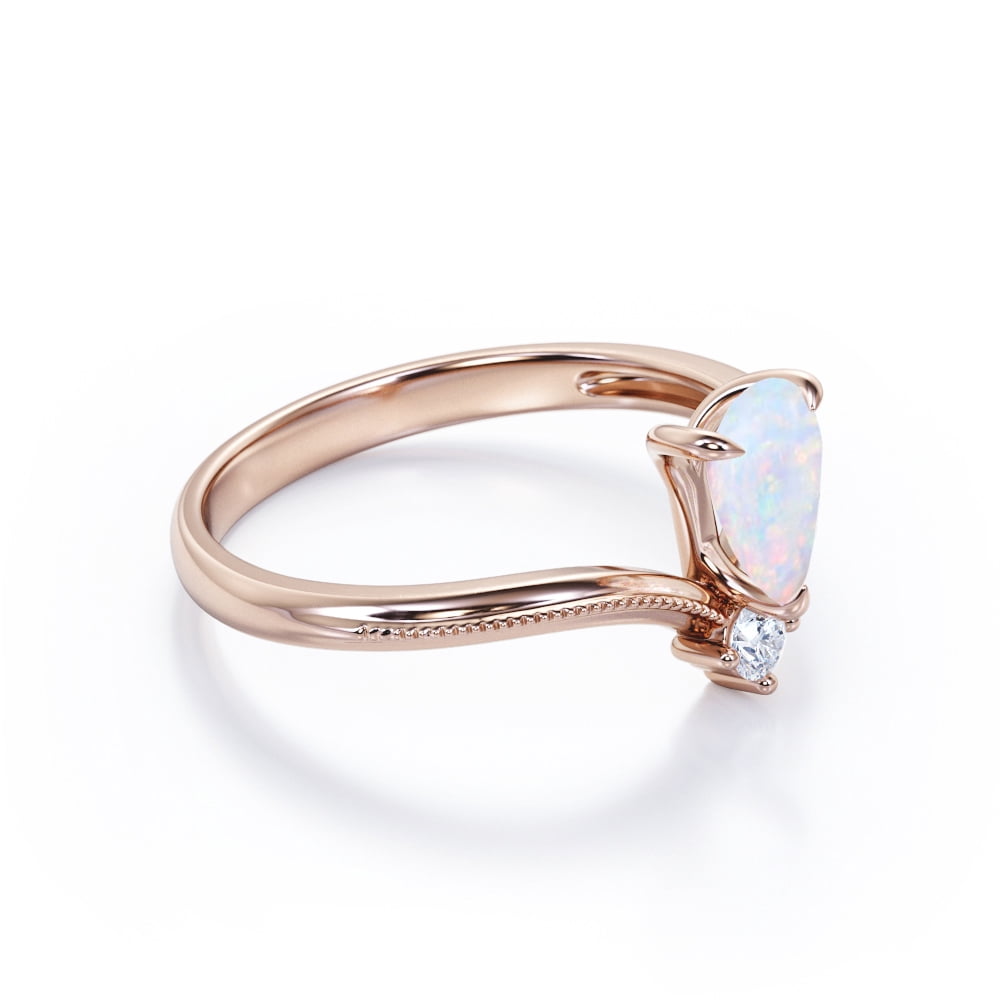 JeenMata Milgrain Border - 1 Carat Pear Cut Genuine Opal and Moissanite - V Shaped Double Stone Engagement Ring - 18K Rose Gold Plating over Silver