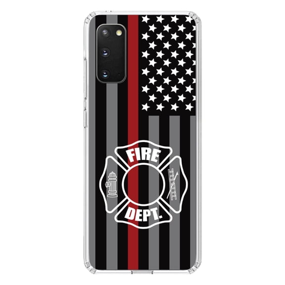DistinctInk Clear Shockproof Hybrid Case for Galaxy S20 / S20 5G (6.2" Screen) - TPU Bumper, Acrylic Back, Tempered Glass Screen Protector - FD Thin Red Line Maltese Cross - First Responders