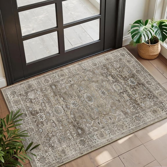 8x10 Washable Area Rug Green Vintage Rug for Living Room Bedroom Low Pile Soft Non-Slip Boho Rug for Under Table Boho Distressed Retro Carpet for Bedroom Kitchen Office Dining