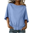 thumbnail image 2 of LWITHSZG Cotton Linen Half Sleeve Tops for Women Pleated Boat Neck T Shirts Casual Loose Fit Work Blouses Summer Outfits S-XXL, 2 of 9