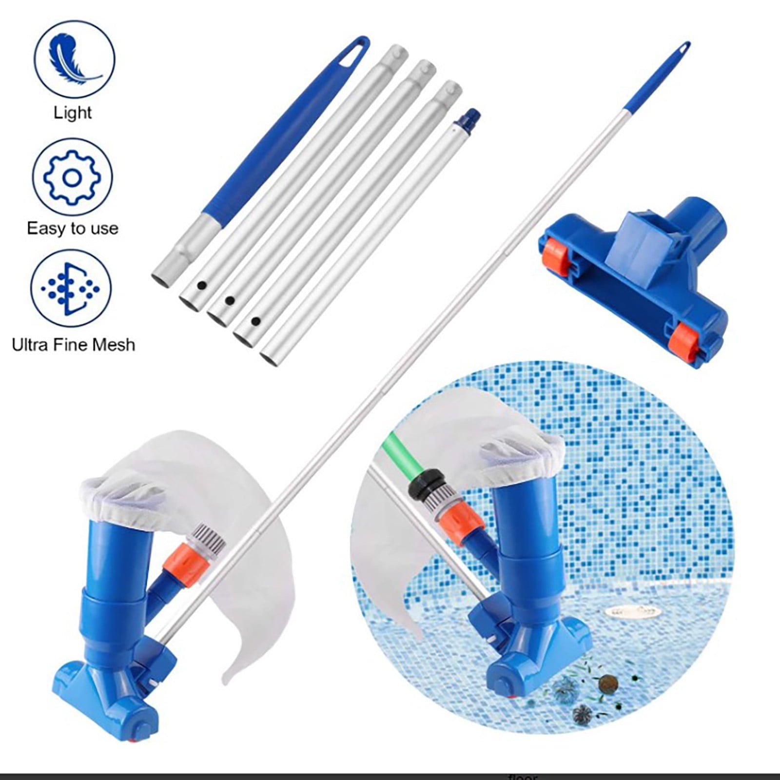 Swimming Pool Vacuum Cleaner, Pool Skimmer Net and Leaf Rake, 5-in-1 Pool Cleaning Kit with Telescopic Pole, Heavy Duty Pool Maintenance Tool for In-Ground & Above Ground Pools, Spa and Hot Tubs