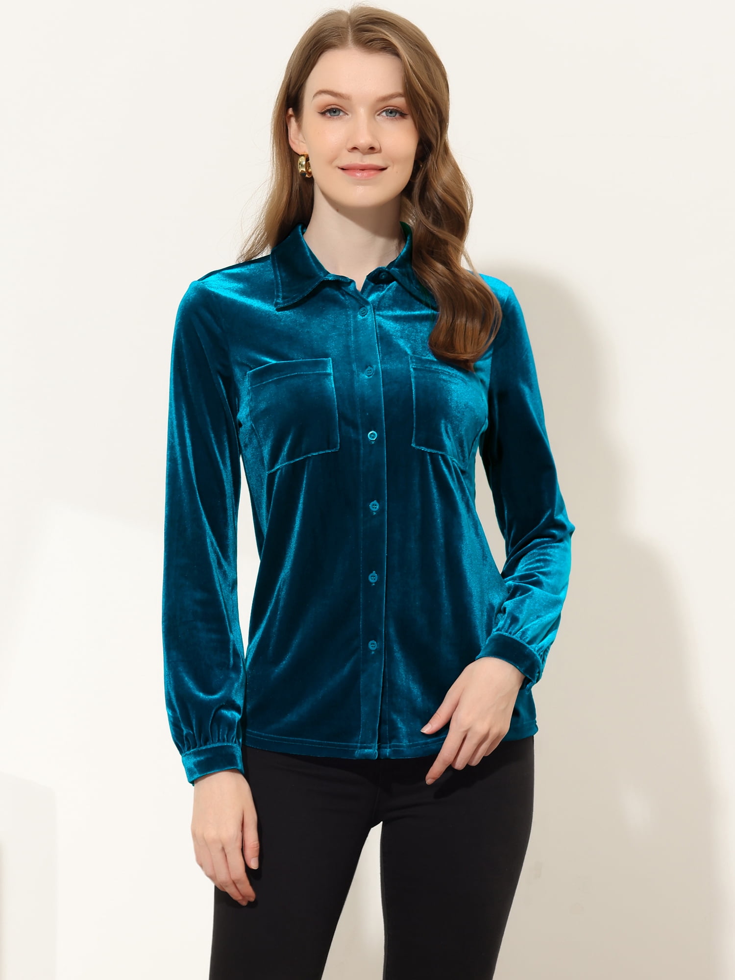 DARING DIVA Women's Office Pocket Front Long Sleeve Button Down Velvet Shirt S Royal Blue