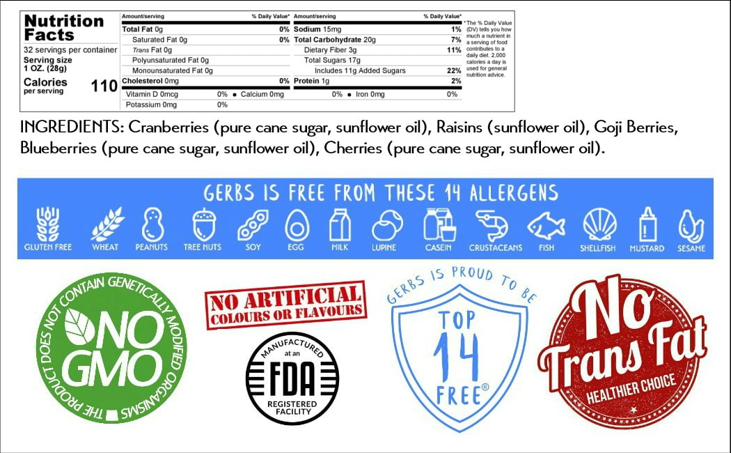 Dried Cranberries, Blueberries, Cherries, Goji Berry, & Raisin Fruit Mix by Gerbs - 2 LBS - Top 14 Allergen Free