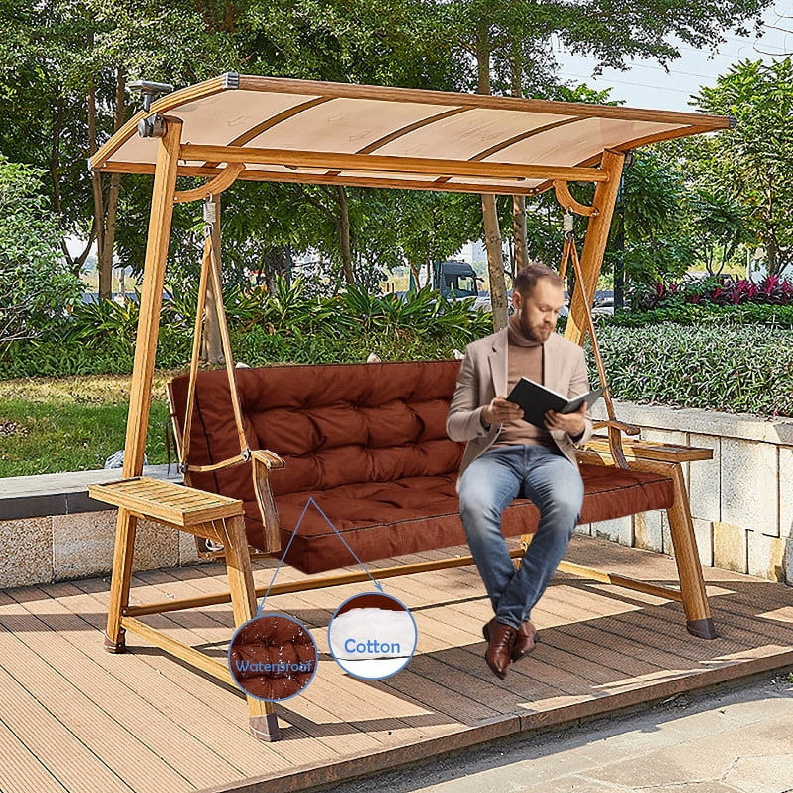 Porch Swing Cushions, Swing Cushions 3 Seater Replacement with Backrest, Thicken 4" Waterproof Bench Pad Cushions, Outdoor Loveseat Cushions Non-Slip Chairs Pad (Brown)