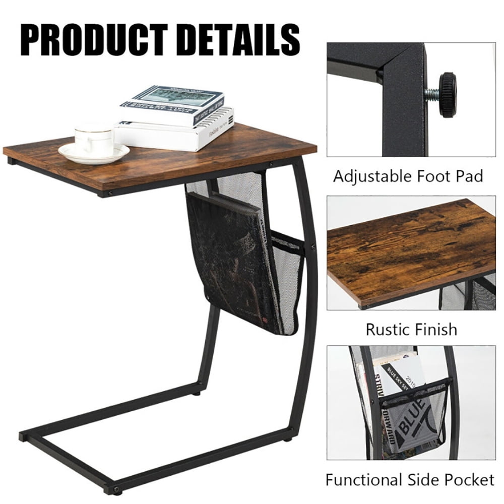 Finihen End Table, C-shaped Vintage End Table with Side Pocket and Metal Frame, Sofa Side Table, Bed Side Table, for Living Room, Bedroom, Black Finihen End Table, C-shaped Vintage End Table with Side Pocket and Metal Frame, Sofa Side Table, Bed Side Table, for Living Room, Bedroom, Black
