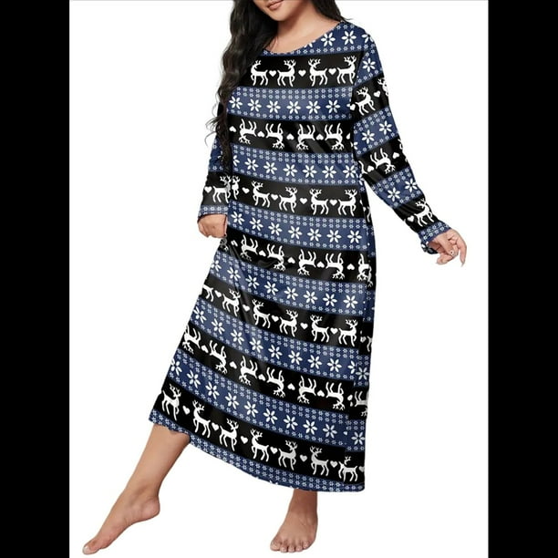 Camisón de Larga para Mujer, Estampado, Camiseta, Vestido de Dormir Alce - Azul XXL