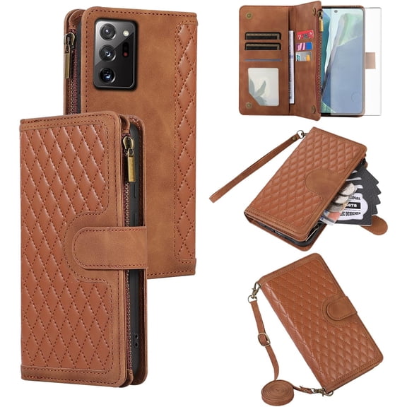 Phone Case for Samsung Galaxy Note 20 Ultra 5G Wallet Cover With Tempered Glass Screen Protector and Flip Zipper Card Holder Cell Note20 Plus Notes 20Ultra Note20  U   20  Twenty Not S20 Brown