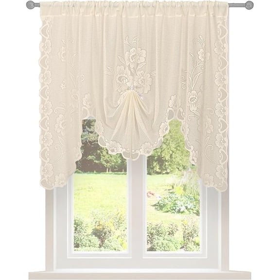 Jinswick Beige Semi-Sheer Floral Lace Curtain Swag for Kitchen Half Window Bathroom Decoration Rod Pocket,59 x 39 Inch, 1 Panel