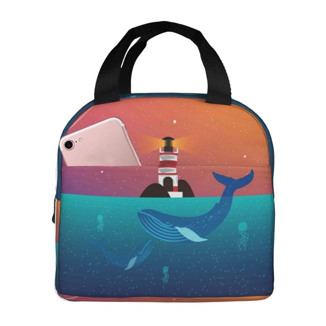 Easygdp Lighthouse and Whale Bolsa Térmica Premium - Tela Oxford Impermeable, Gran Capacidad, Bolsillo Frontal, Unisex para Trabajo, Escuela, Actividades al Aire Libre y Picnics