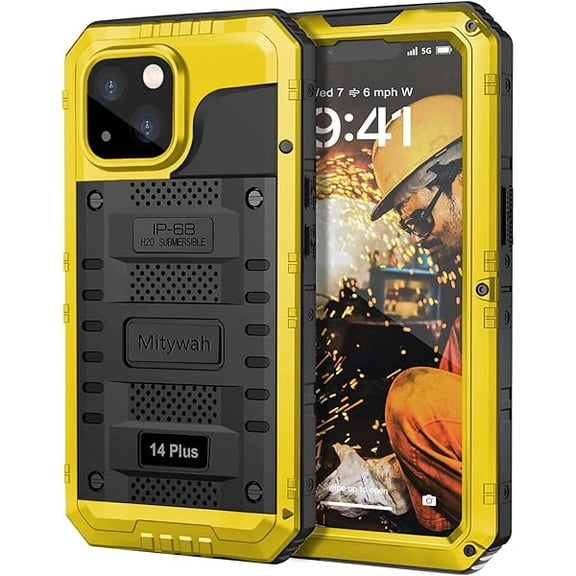 Waterproof Case for iPhone 14 Plus, Heavy Duty Shockproof Case with Built-in Screen Protector, Full Body Underwater Protective Metal Case 6.7 inch, Yellow
