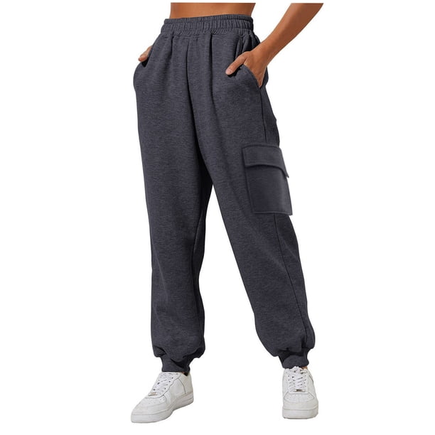 Pantalones de yoga de cintura alta para mujer: forrados de felpa, cintura elástica, bolsillos laterales, poliéster, pantalones de chándal para hacer ejercicio.