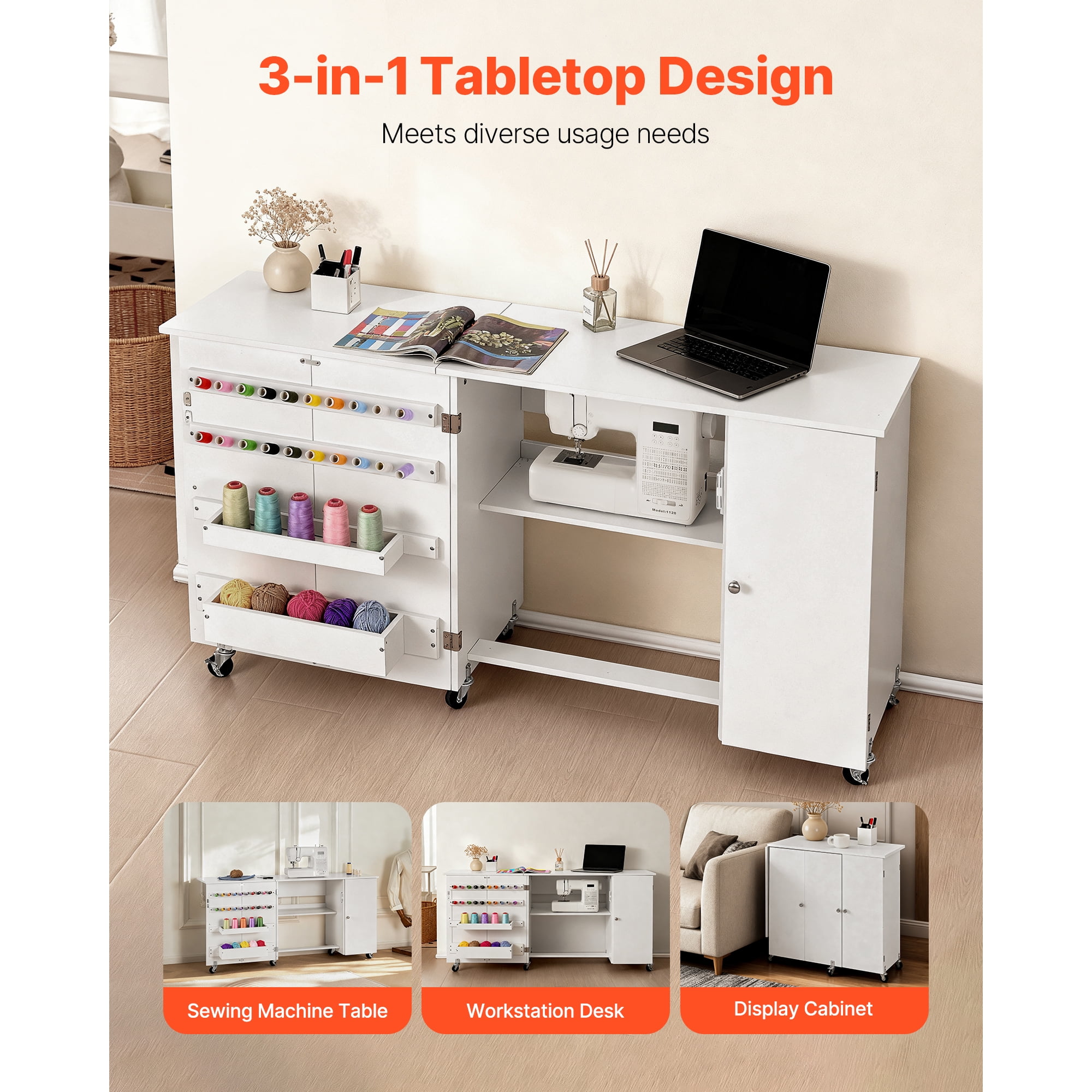 KFFKFF Folding Sewing Table with Cabinet, Versatile Sewing Machine Table Featuring Compact Design, Wheels, Wooden Pegs, Storage Compartments, Magnetic Door, Craft Workspace