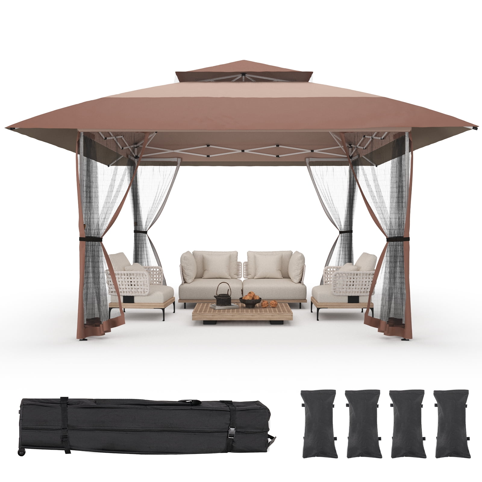 Vitarpatio 11x11 Pop Up Gazebo with Mosquito Netting, Steel Frame Pop-Up Canopy Tent Gazebos Portable Outdoor Gazebo with 2 Tier Roof, 3 Adjustable Height, Carry Bag and 4 Sandbags, Brown
