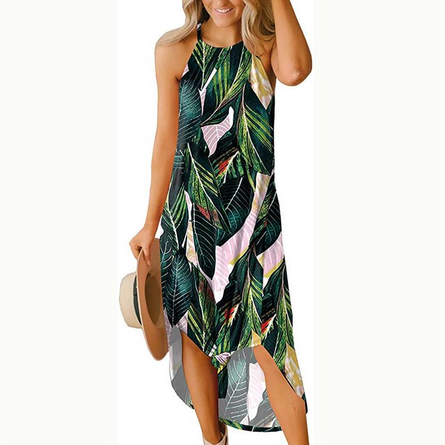 Nouvelle Robe Longue Sans Manches à Imprimé Floral pour Femmes, Robe de Plage Irrégulière à Grande Évasée