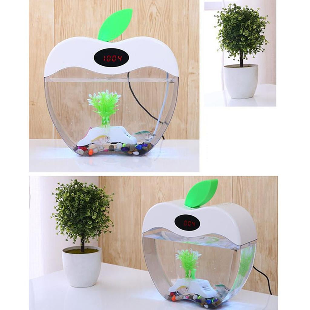 EHJRE Home Office Creative Decoration USB Charge Mini Fish Tank Desk Transparent Aquarium Tank With LED Clock, Decorative Pebbles, And Artificial Plant