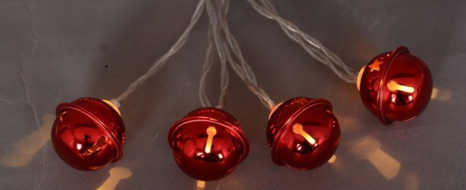 Set of 10 Battery Operated LED Red Jingle Bell Novelty Christmas Lights