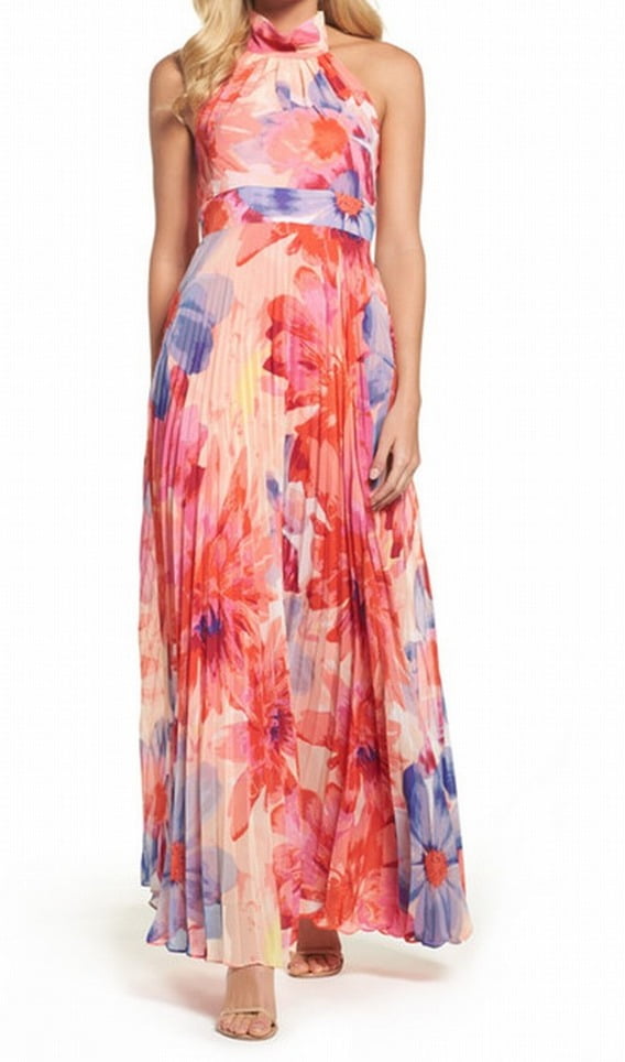 pleated floral chiffon maxi dress eliza j