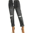 thumbnail image 2 of Pants Clearance Ladies Ripped Pocket Pants Denim Drawstring Elastic Waist Washed Drawstring Casual Trousers Black L, 2 of 6