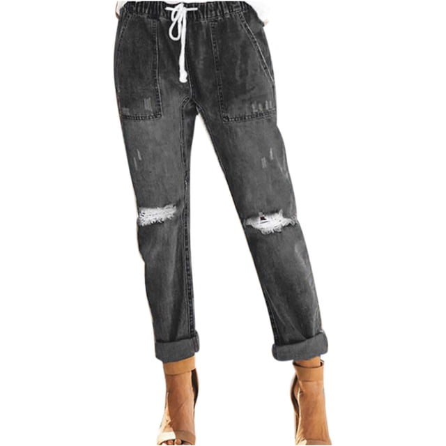 Pantalones de Bolsillo Rasgados Para Mujer Pantalones Casuales Con Cordón Lavado En La Cintura Elástica Con Cordón de Mezclilla Odeerbi ODB-6