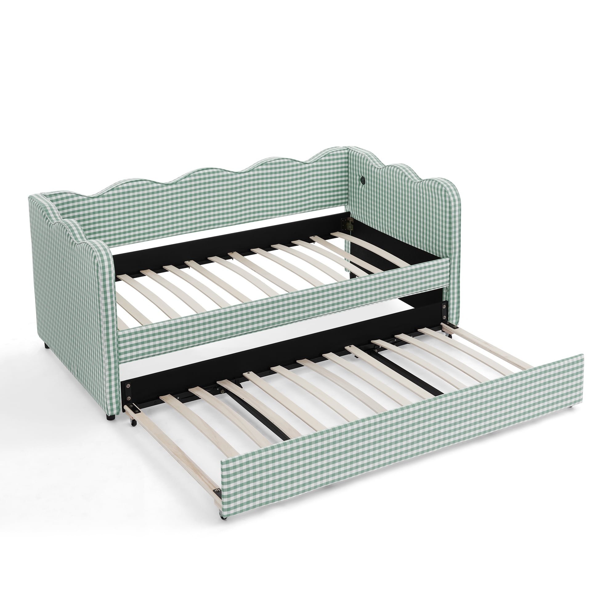 AISWORD Twin Size Gingham Upholstered Daybed, Twin to King Sofa Bed with Pop Up Trundle & USB Ports, No Box Spring Needed, Cyan
