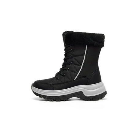

Fangasis Women Winter Shoes Faux Fur Mid Calf Boot Lace Up Snow Boots Walking Outdoor Warm Shoe Casual Plush Lining Black 5