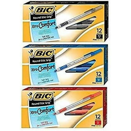 BIC Round Stic Grip Xtra Comfort Ball Pen, Fine Point (0.8 mm), Black, Blue & Red, 12 Each Per Box