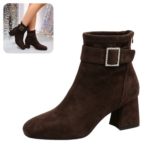 Willtoo Women Faux Suede Square Toe Buckle Block Heel Ankle Boots