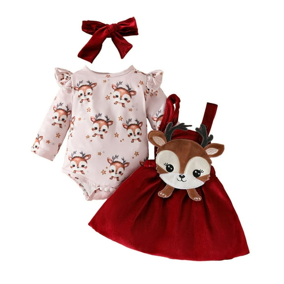Mercatoo Toddler Girl Christmas Reindeer Dress Set 𝐍ewborn Baby Xmas Long Sleeve Bodysuit Headband Velvet Suspender Skirt