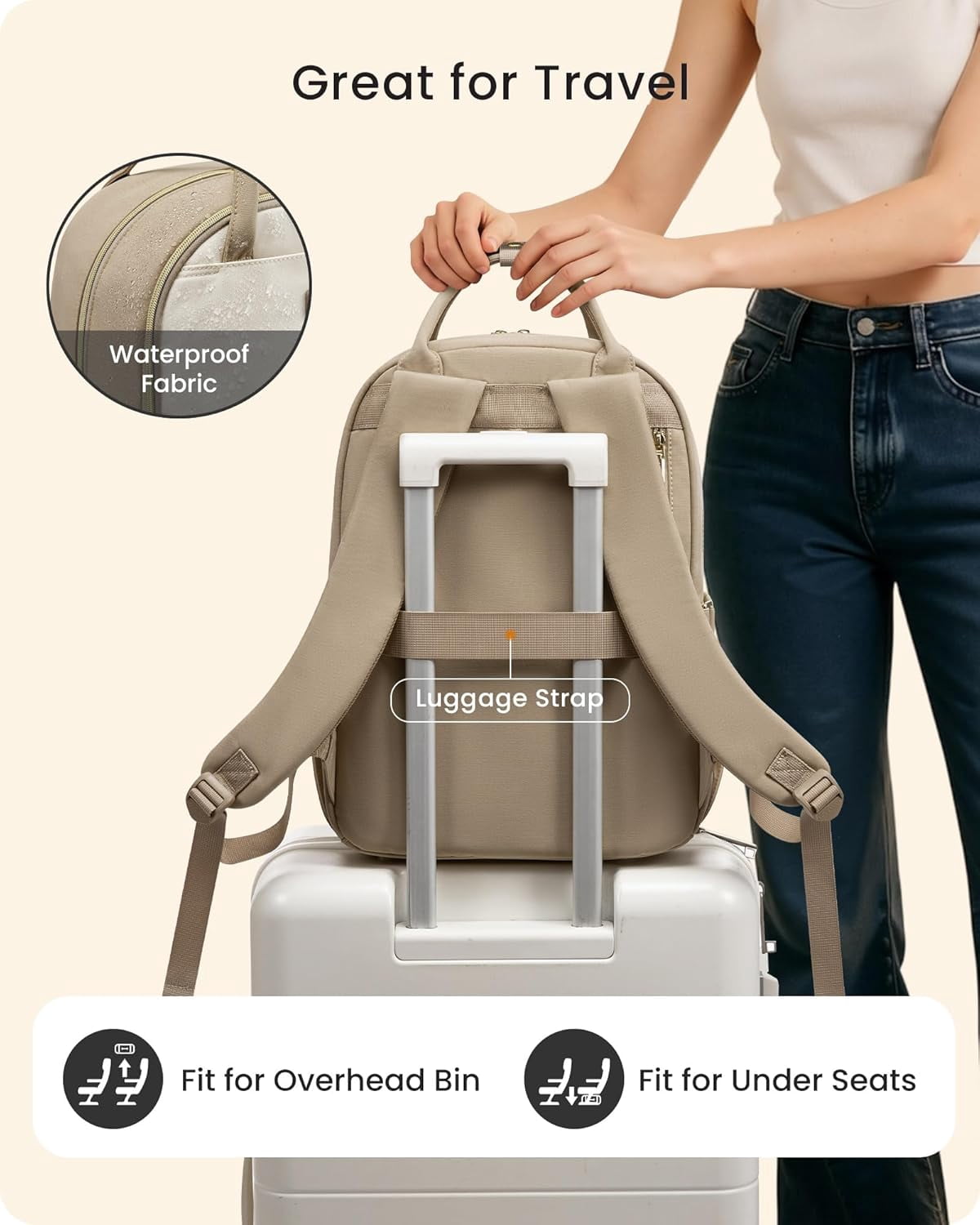 LOVEVOOK Laptop Backpack for Women with Giant Tumbler Holder Pocket, 15.6 inch Travel Work Backpack Purse for Teacher Nurse, Waterproof College Book Bag Cute Casual Daypack, Beige-Black-Brown