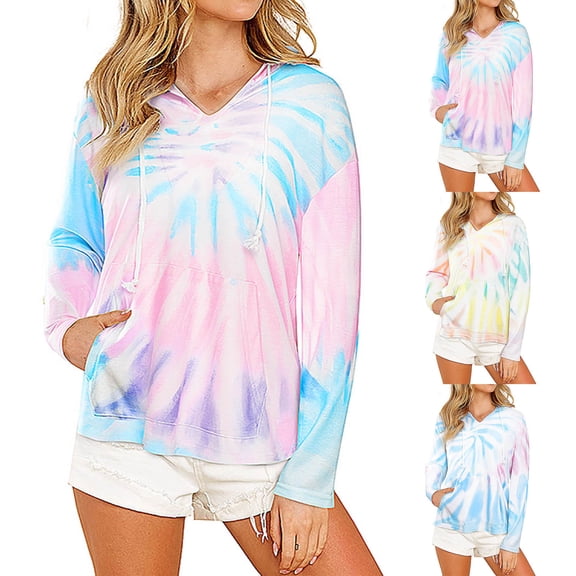 HAPIMO Sales Sweatshirt for Women Long Sleeve Gradient Color Ombre Striped Patchwork Sweatshirt Casual Pocket Hooded Drawstring Pullover Tops Teen Girls Fashion Clothes Blue L