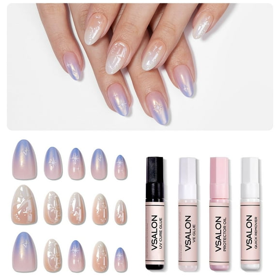 VSALON Press-On Nails Short Almond, 42 PCS Chrome Ombre 3D Star Fake Nails, 32 Main Nails in 16 Sizes & 10 Alternative Nails, Gel Reusable Glue On Nail Set with Full Tool Kit