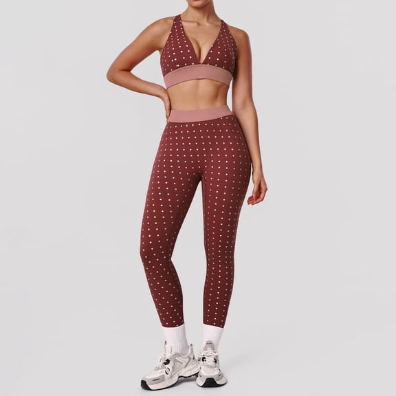 PISONIC Polka Dot Print Workout Sets for Women 2 Piece V Neck Cross Back Sports Bra Matching High Waist Legging Gym Yoga Pilates Outfits