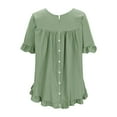 thumbnail image 4 of WREESH Womens Blouses Spring Summer Solid Color Casual Loose Fashion T-Shirt Short Sleeve Round-Neck Button Tops Ramie Blouse Green, 4 of 7