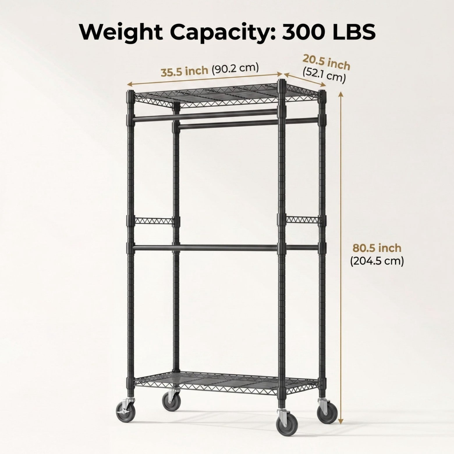 Sailvan Heavy Duty Rolling Clothing Rack, 300LBS Capacity Garment Rack with 4 Hanging Rods & 2 Shelves, Portable Closet, 35.5"W x 80"H,Black
