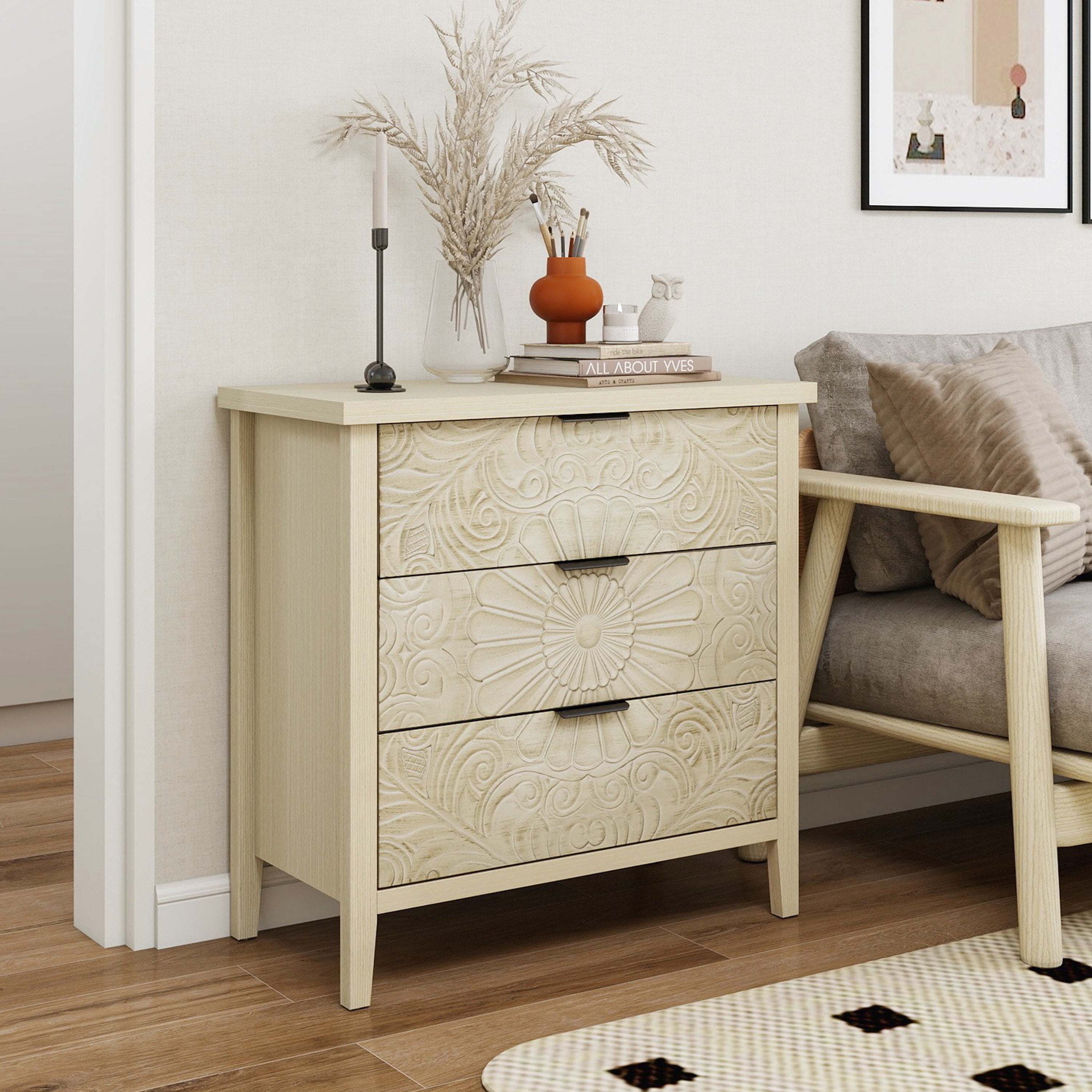 BSHTI 3-Drawer Farmhouse Cabinet – Rustic Storage Chest with Smooth-Gliding Drawers, Anti-Tip Safety, for Bedroom, Living Room, Study, Brown