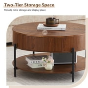 Wirrytor 30 Round Coffee Table with 2 Drawers and Storage Shelf, Modern Farmhouse Tea Table with Natural Tree Rings Top, Brown