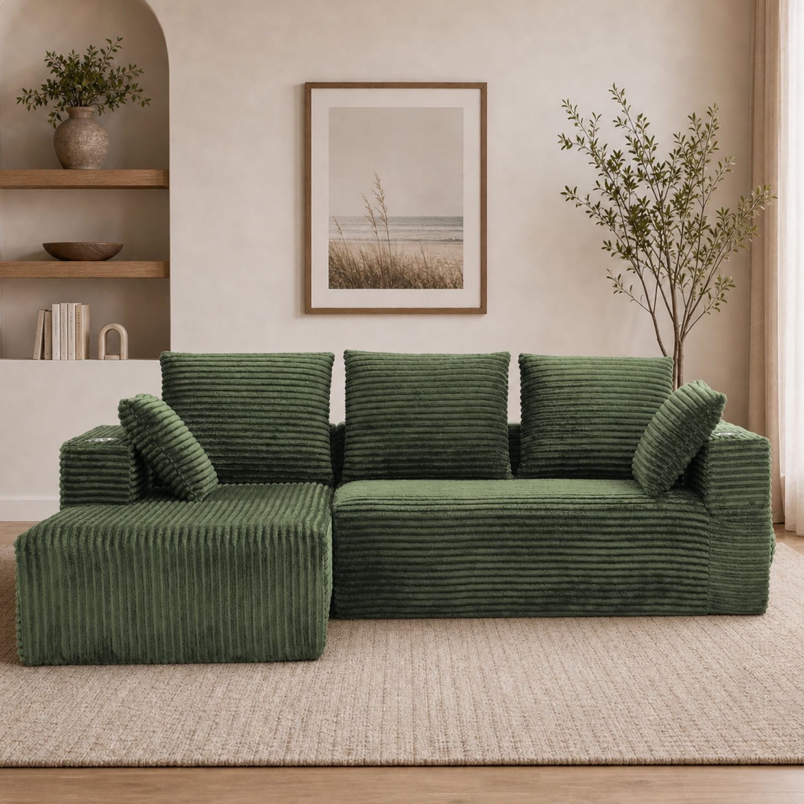 95'' Boneless L Shape Modular Sofa Couch with 4 Pillows and 2 Cup Holders