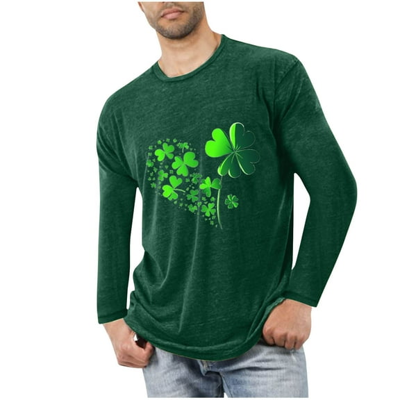 St Patricks Day Shirts Men Long Sleeve Funny Green Heart Shamrock St. Patricks Printed Tee Causal Round Neck Tops
