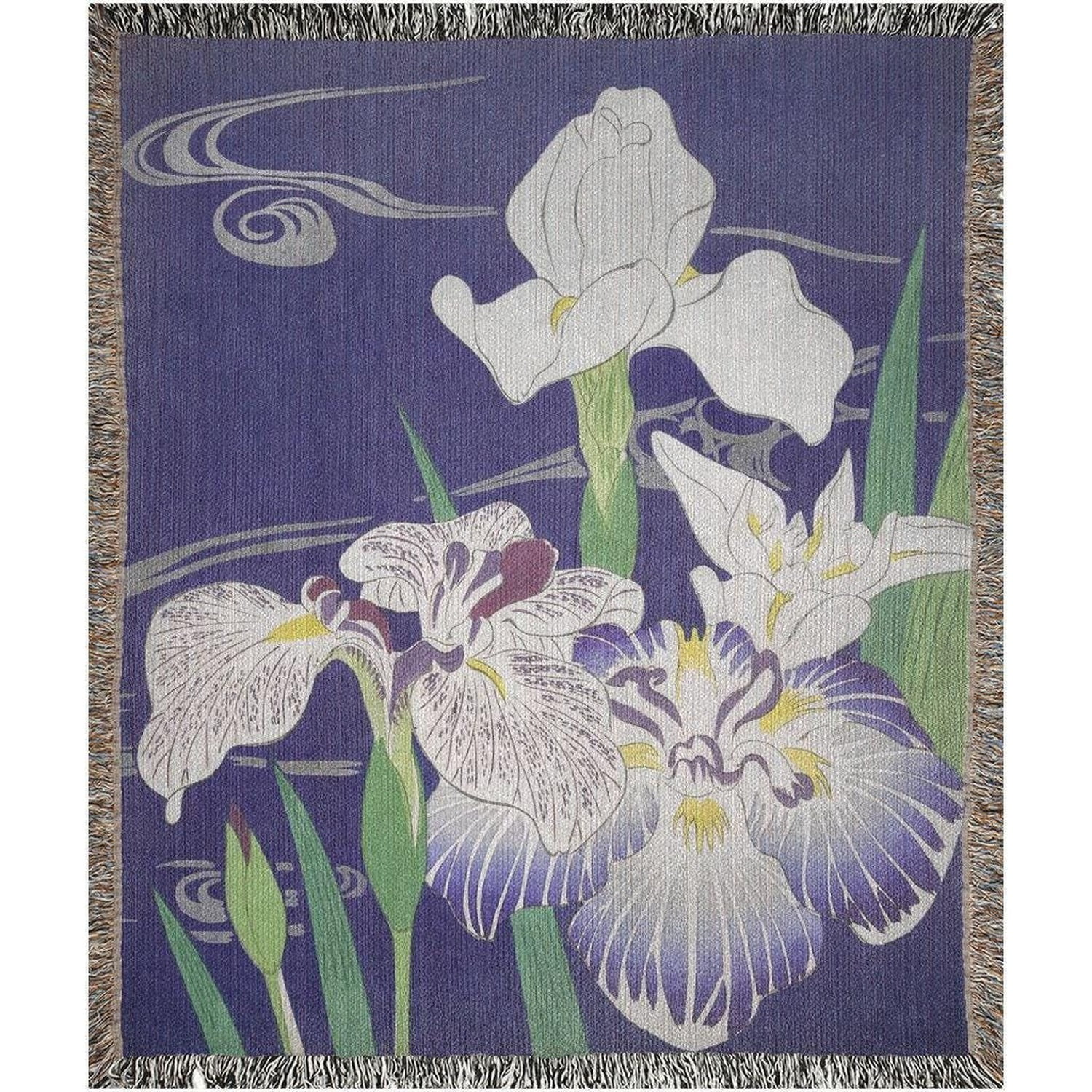 White Iris Flowers on Indigo Blue Woven Blanket 100% Cotton Botanical Style for Living Room