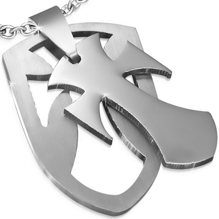 Stainless Steel 2 Part Cut out Cross Shield Tag Pendant and necklace