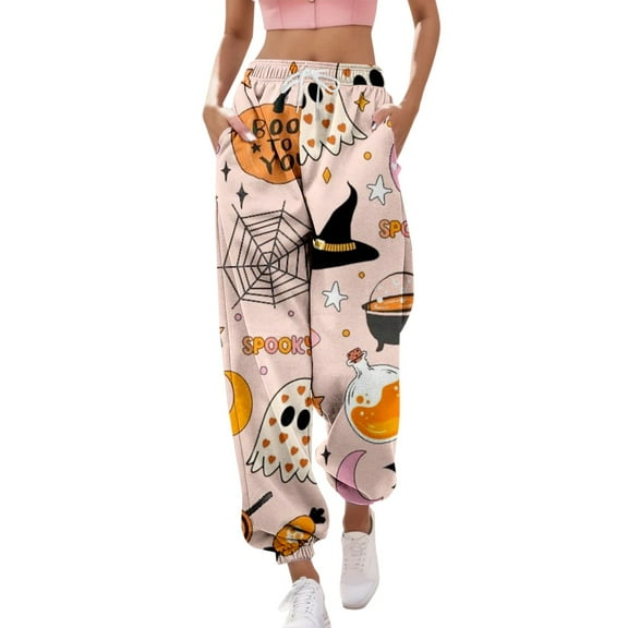 HCURIBAD Halloween Pants for Women Halloween Pajama Pants Women's Printed Casual Drawstring High Waisted Drawstring Pants, Wide Leg Yoga Pants, Flowy Pants for Women, Halloween Pajama Pants Beige L