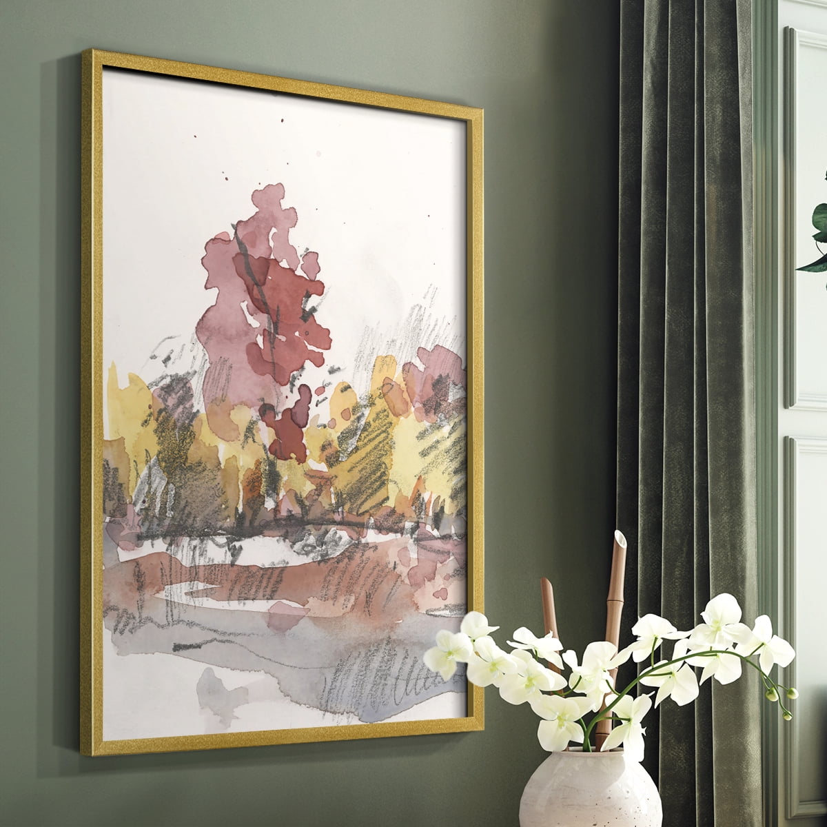 Watercolor Treeline Sketch I Framed Print in Gold Solid Wood 8 x 10 Framed Print