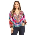 thumbnail image 4 of Sakkas Sante Women's Boho Loose V neck Long Sleeve Elastic Tunic Top Blouse Floral - 584-Pink - S/M, 4 of 5