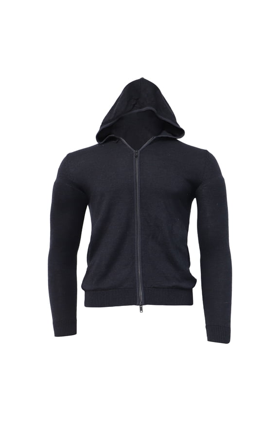 Knitted Zipped Hoodie in Navy Blue Wool