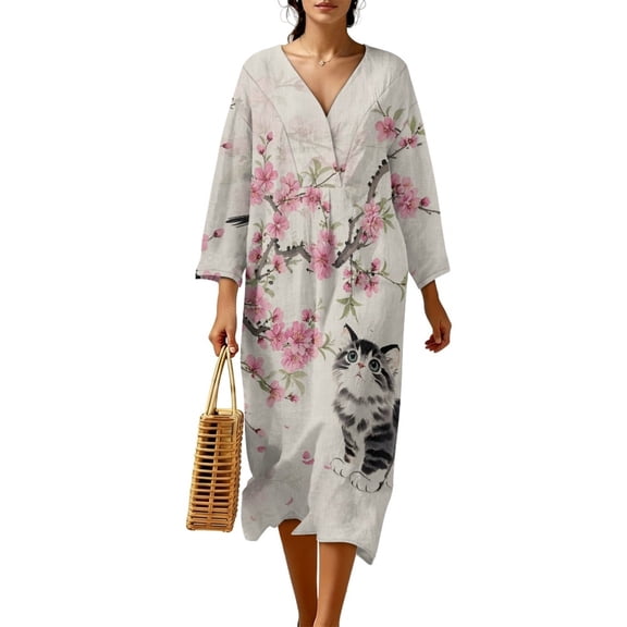 COEQINE Women's Midi Dress 3/4 Sleeve Wrap V-Neck Oriental Casual Sundress, Loose Fit Linen-Like Calf Length Tunic Dress for Women, Machine Washable, Size S, Ink Cat Peach Blossom
