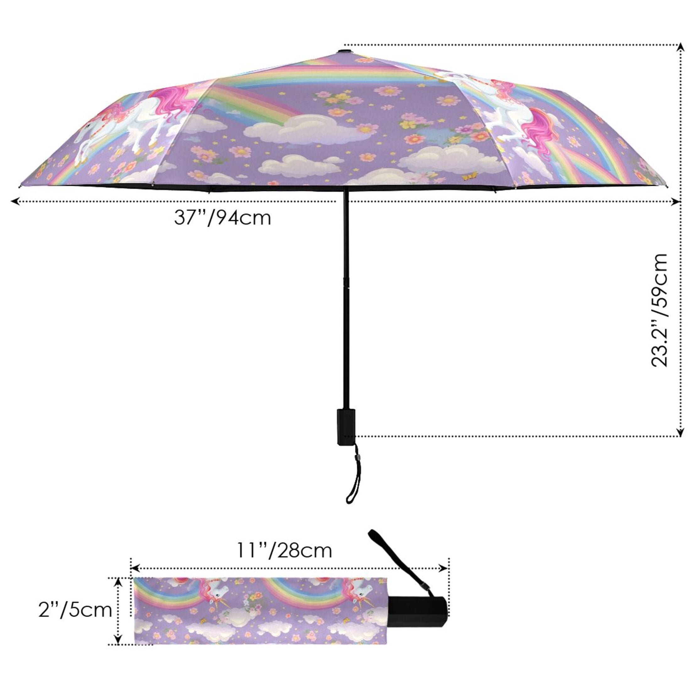Unicorns and Rainbows Compact Folding Umbrella for Rain Windproof Travel Umbrella UPF 50+ Lightweight Packable Arc Size