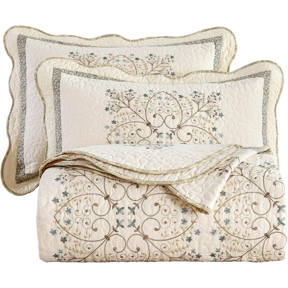 vctops Elegant Embroidered Quilt Set Farmhouse Patchwork Full/Queen Size Reversible Bedspread Coverlet 3 Piece Cotton Quilted Bedding Set for All Season, 1 Quilt   2 Pillow Sham (87x94 in)