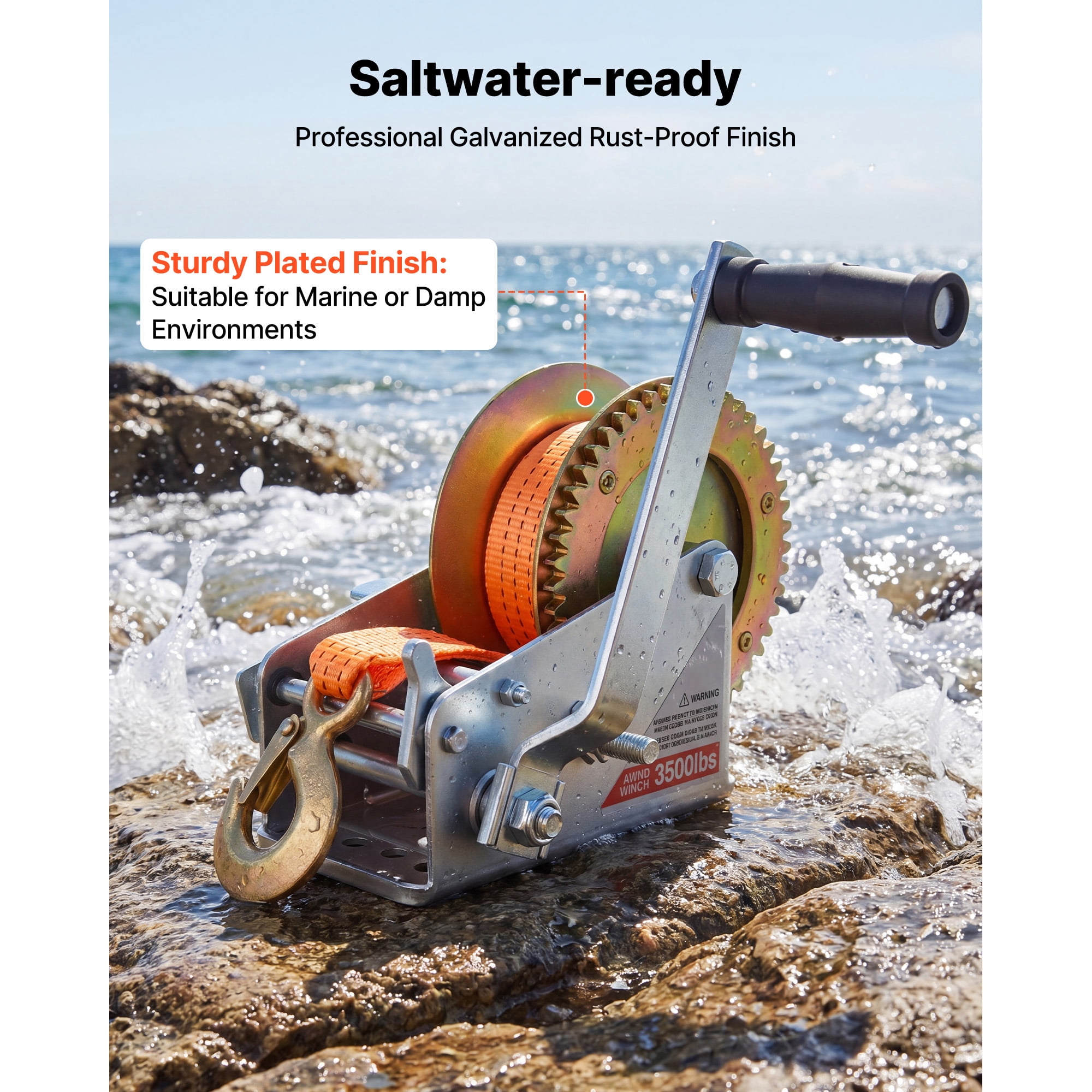 KFFKFF 3500 lbs Manual Boat Winch with 20ft Orange Polyester Strap, Two-Way Ratchet, Dual-Speed Option, and Anti-Slip Handle for Towing Boats, Trailers, and ATVs